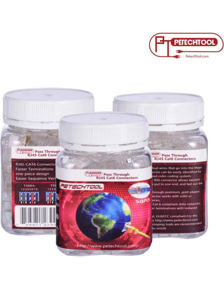 Conectores RJ45 Cat6a Passthrough 50 Paquetes Baño de Oro