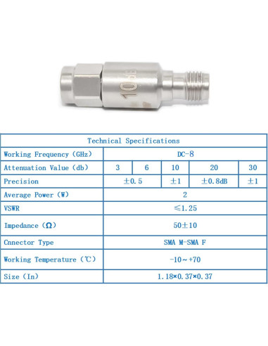 Atenuador SMA Macho a Hembra TOJOIN 10dB 2W DC-8GHz 2PCS