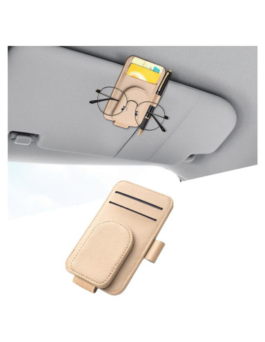 Organizador de Visera de Coche KHGUZ - Soporte Magnético de Cuero Almendra