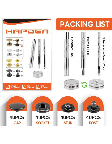 Kit de Broches de Cuero HAPDEN 12.5mm 40 Conjuntos Metal