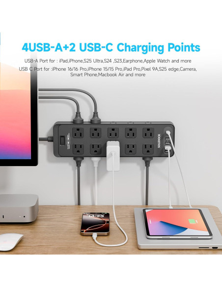 Regleta de Enchufes TuoJia 20 Salidas CA 6 USB 1.83m Negro