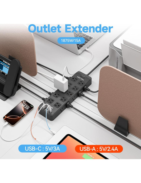 Regleta de Enchufes TuoJia 20 Salidas CA 6 USB 1.83m Negro