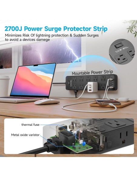 Regleta de Enchufes TuoJia 20 Salidas CA 6 USB 1.83m Negro