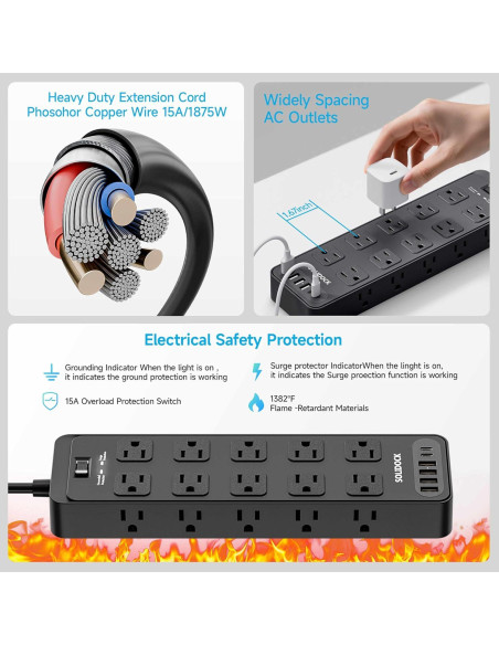 Regleta de Enchufes TuoJia 20 Salidas CA 6 USB 1.83m Negro