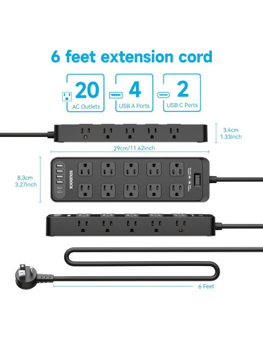 Regleta de Enchufes TuoJia 20 Salidas CA 6 USB 1.83m Negro