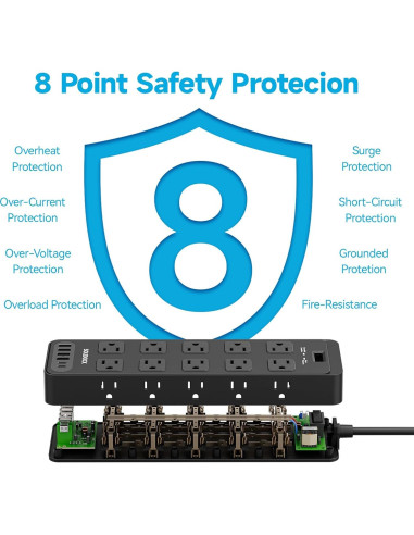 Regleta de Enchufes TuoJia 20 Salidas CA 6 USB 1.83m Negro