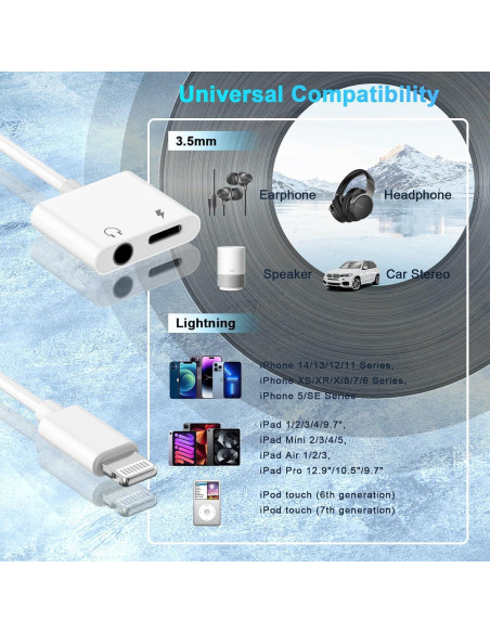Adaptador Lightning a Jack 3.5mm 2 en 1 Apple MFi para iPhone