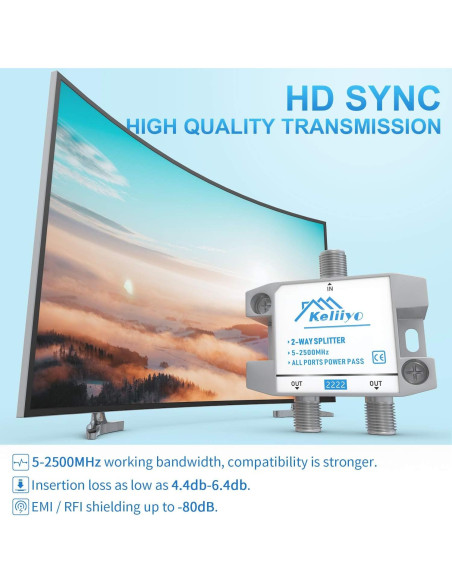 Divisor Coaxial Keliiyo 2 Vías 5-2500MHz para TV y Satélite