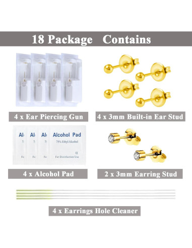 Kit de Perforación de Orejas 18 PCS - Pistola y Aretes de Oro