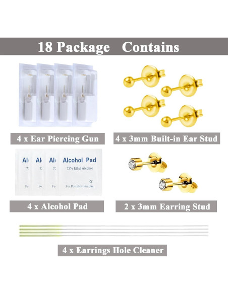 Kit de Perforación de Orejas 18 PCS - Pistola y Aretes de Oro
