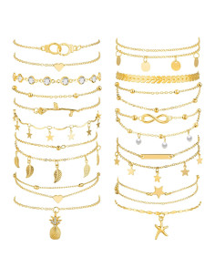 Conjunto de 16 Pulseras de Tobillo Hicarer para Mujeres Doradas