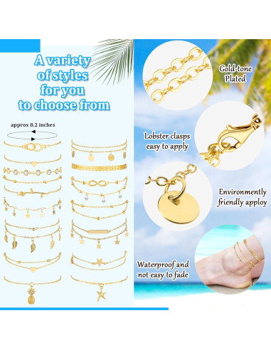 Conjunto de 16 Pulseras de Tobillo Hicarer para Mujeres Doradas