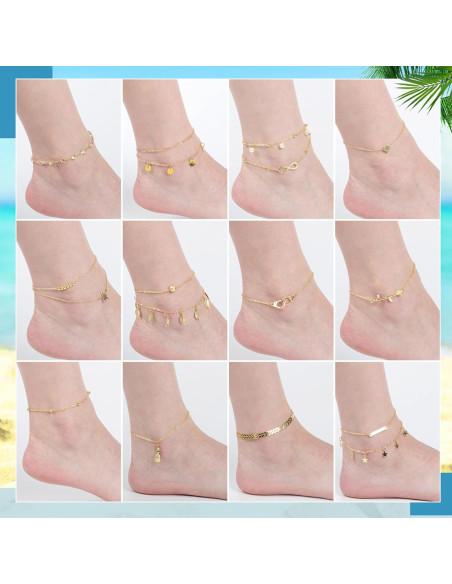 Conjunto de 16 Pulseras de Tobillo Hicarer para Mujeres Doradas