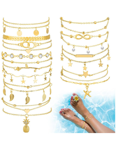 Conjunto de 16 Pulseras de Tobillo Hicarer para Mujeres Doradas
