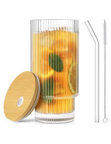 Taza de vidrio CWHHRN 0.47L con tapa y popote reutilizable