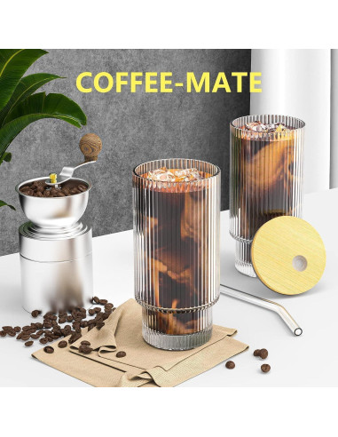 Taza de vidrio CWHHRN 0.47L con tapa y popote reutilizable