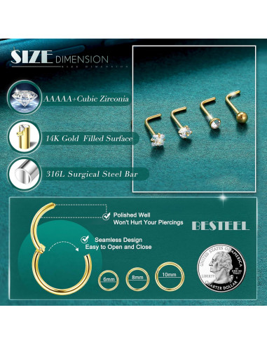 Aros de nariz y studs 15 piezas BESTEEL - Acero inoxidable 316L
