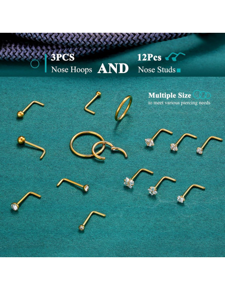 Aros de nariz y studs 15 piezas BESTEEL - Acero inoxidable 316L