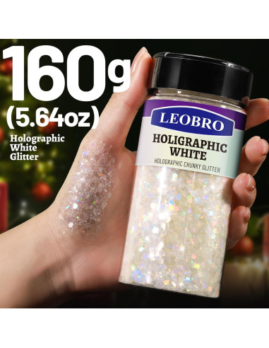 Purpurina Blanca Holográfica Gruesa LEOBRO 160g para Manualidades