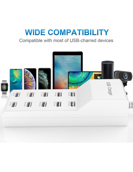 Cargador de Pared USB QIONMAR 10 Puertos 50W Carga Rápida