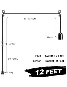 Cable de luz colgante 3.6 m E26 con interruptor y enchufe - Negro 2
