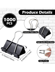 Yexiya 1000 Clips de Papel Negros 19mm para Oficina y Escuela 2