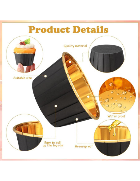 Paquete de 300 forros de cupcake Gandeer negro dorado 6.86 cm