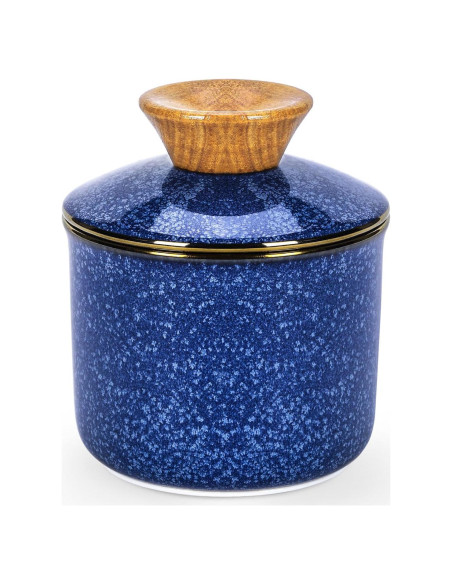 Tazón de Mantequilla DOWAN Cerámica Azul con Tapa y Sello de Agua