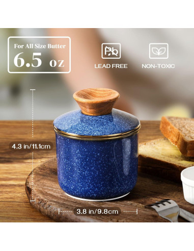 Tazón de Mantequilla DOWAN Cerámica Azul con Tapa y Sello de Agua