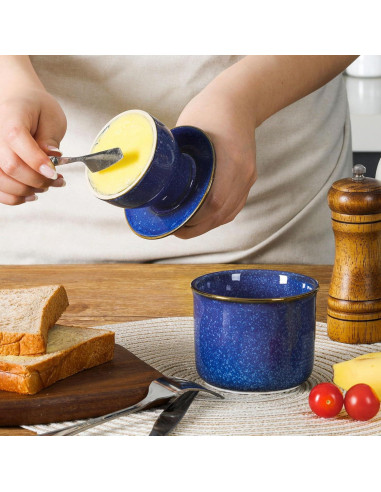 Tazón de Mantequilla DOWAN Cerámica Azul con Tapa y Sello de Agua