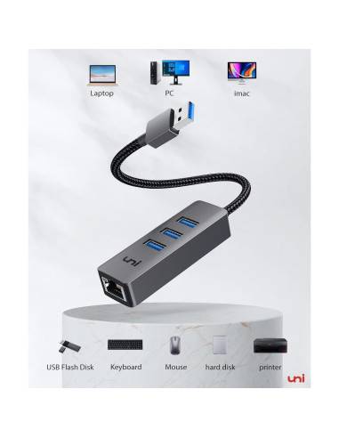 Adaptador USB a Ethernet uni EHUB02 4 en 1 Gigabit 1000 Mbps