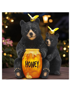 Estatua Solar Oso Negro JJALIGHTS con Tarro de Miel 22cm