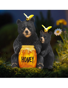 Estatua Solar Oso Negro JJALIGHTS con Tarro de Miel 22cm 2