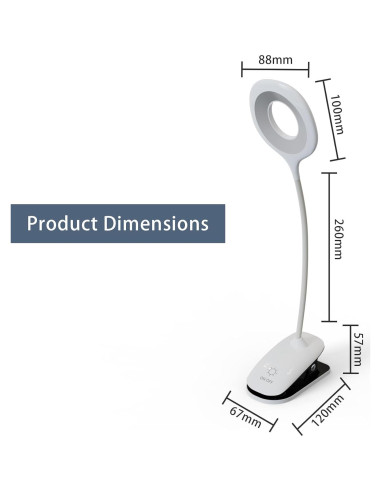 Luz de Lectura Clip On GCDFGV Recargable USB 5W Blanca