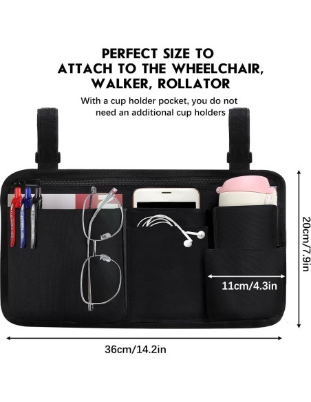 Bolsa Lateral para Silla de Ruedas CTWWFS con Soporte para Vaso