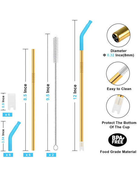 Juego de Popotes de Acero Inoxidable DKYEUD 8.5" 6 Piezas Ecológicos