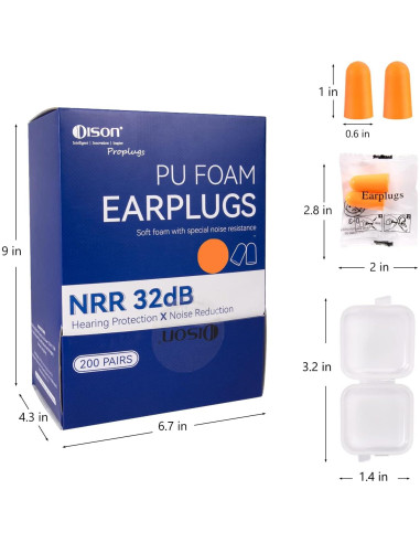 200 Pares Tapones de Espuma DISON 32dB Protección Auditiva