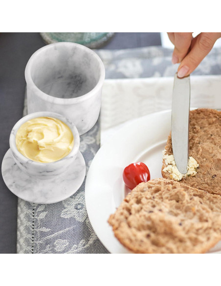 Crock de Mantequilla Grande TABHOUKIT de Mármol Blanco Gris