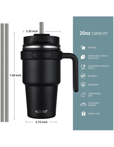 Taza de Café Aislada ALOUFEA 20 oz Acero Inoxidable Negro
