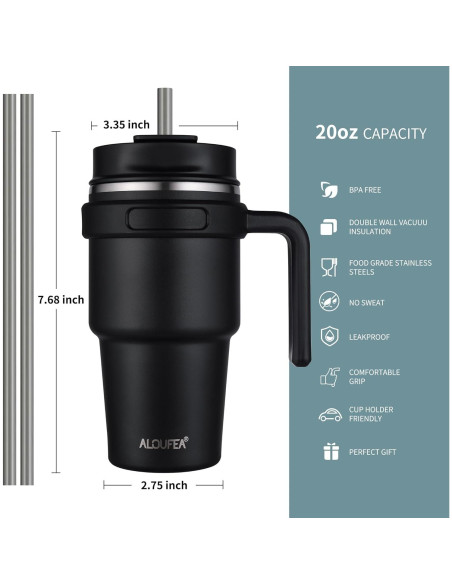 Taza de Café Aislada ALOUFEA 20 oz Acero Inoxidable Negro