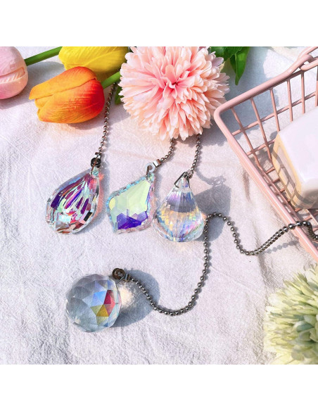 4 Piezas Cadena de Tirar Ventilador Techo Cristal Arcoíris 50cm