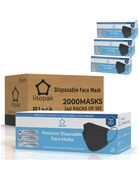 2000 Mascarillas Desechables para Niños Litepak 3 Capas Negro
