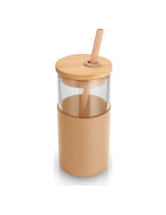 Vaso de Vidrio 16 oz Tronco con Tapa de Bambú y Popote - Aislado
