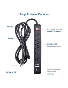 Regleta de Sobretensión Cable Matters 6 Salidas con USB 2.44m 2
