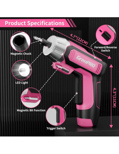 Destornillador Eléctrico Inalámbrico GRENPRO 4V Rosa 29 Piezas