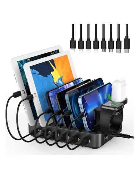Estación de Carga 68W 6 Puertos USB-C y QC 3.0 con Cables