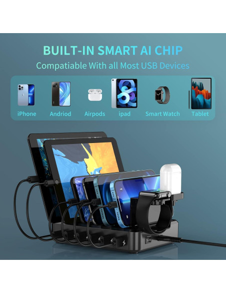 Estación de Carga 68W 6 Puertos USB-C y QC 3.0 con Cables