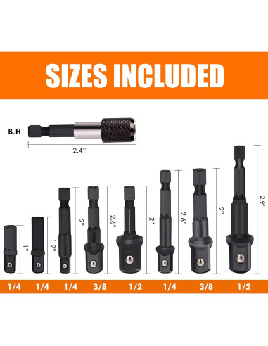 Juego de Adaptadores de Enchufe THINKWORK 9 Piezas 1/4" 3/8" 1/2"