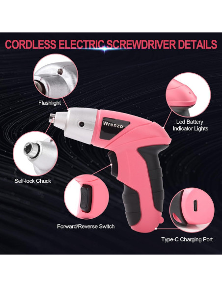 Destornillador Eléctrico Wrenzo Rosa 3.6V 28 Piezas LED USB