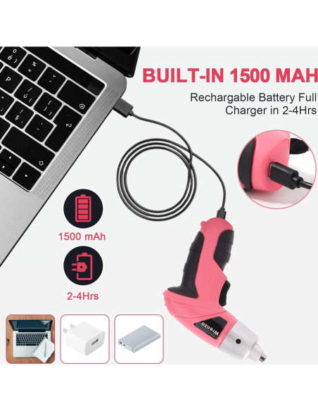 Destornillador Eléctrico Wrenzo Rosa 3.6V 28 Piezas LED USB